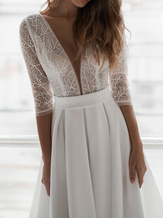 Vestido de Novia Satinado con Encaje en Espalda y Mangas Largas Bordadas - Image 5