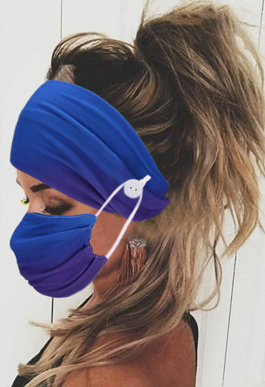 Gradient orange and yellow headband with buttons for attaching a matching pleated face mask, modeled by a woman. - Image 12