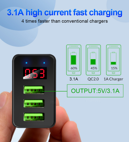 Cargador USB Triple Puerto con Pantalla LED 3A - Image 3