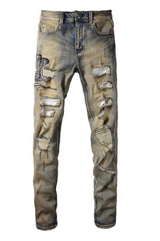 Jeans Slim Fit Desgastados con Bordado de Serpiente de Tres Cabezas y Parches de Cuero - Image 2