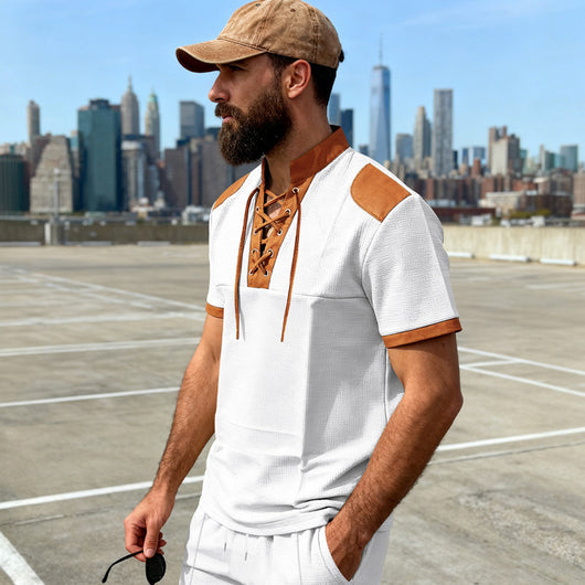 Camiseta Casual Hombre Estilo Medieval con Cuello Cordón - Image 6
