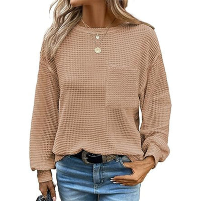 Blusa Tejida Waffle Manga Larga Cuello Redondo para Mujer - Image 12