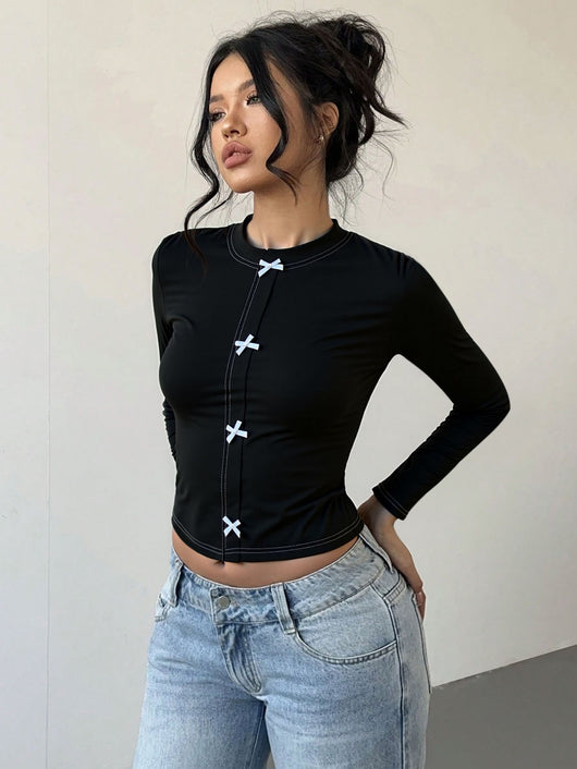 Blusa Corta con Diseño de Moño Elegante y Manga Larga - Image 11