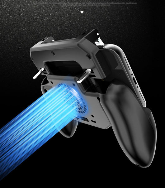 Black 3-in-1 phone gamepad with blue cooling fan, trigger buttons, and ergonomic grips for mobile gaming. - Image 4