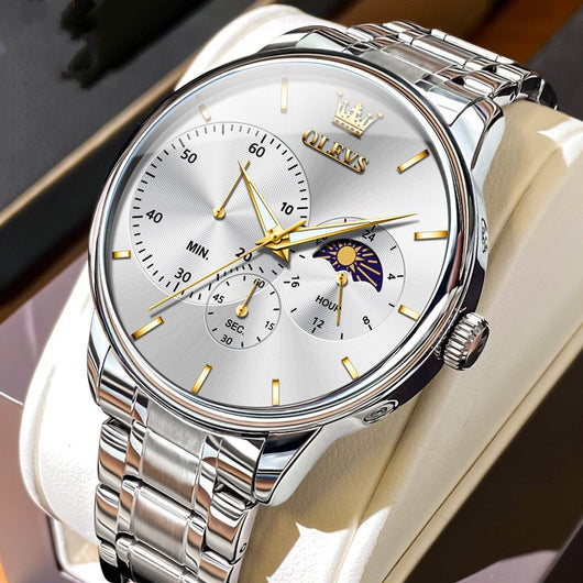 Reloj Multifunción de Acero Inoxidable para Hombre - Resistente al Agua