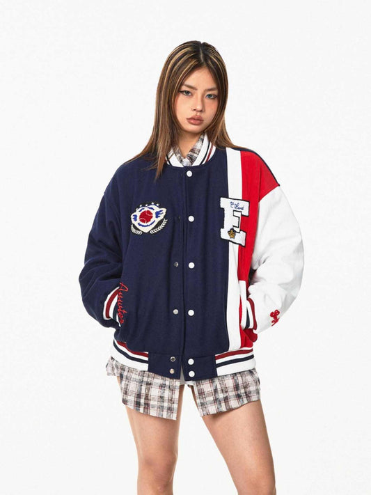 Chaqueta de Béisbol Retro con Parches de Contraste - Estilo Vintage Americano - Image 2