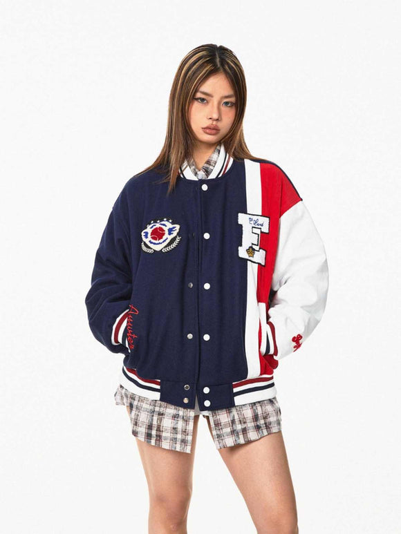 Retro Baseball Jacket with Contrast Patches - American Vintage Style