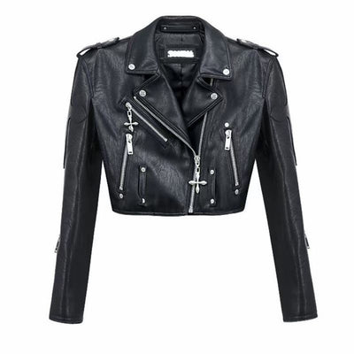 Chaqueta Biker Corta de Cuero Sintético con Cruces y Tachuelas - Image 9