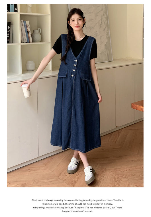 Conjunto de Dos Piezas: Falda Denim con Chaleco y Camiseta Base Talla Grande - Image 10