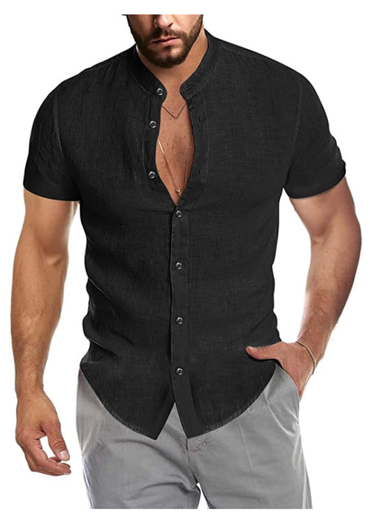 Camisa Cardigan de Lino con Cuello Alto y Manga Corta para Hombre - Image 10
