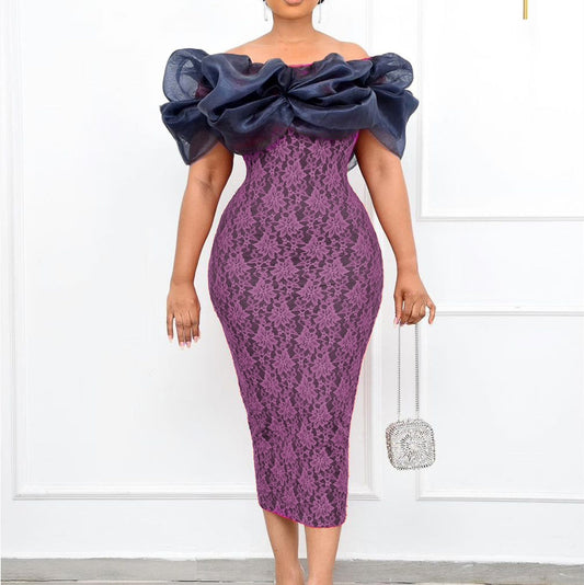 Vestido de Fiesta con Panel de Encaje en Malla y Cuello de Lino