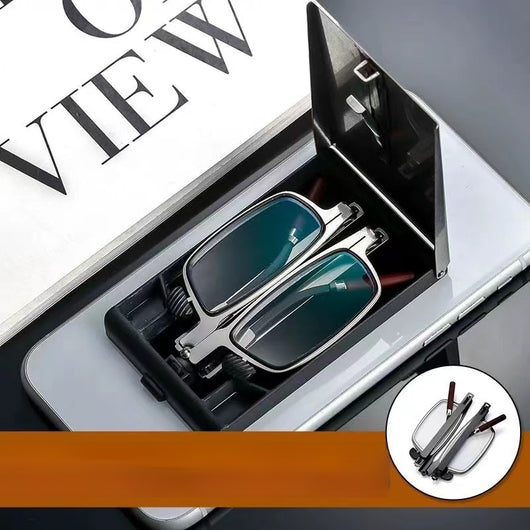 Foldable blue light blocking glasses with silver frames in a black case, shown on a smartphone. - Image 4