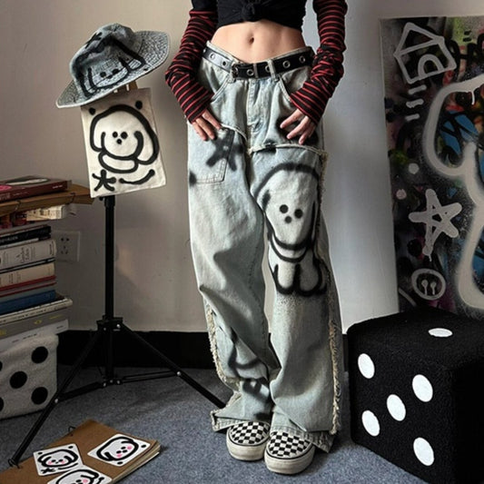 Jeans Sueltos Y2K Graffiti Retro para Mujer