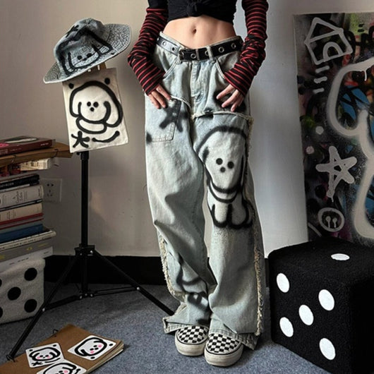Jeans Sueltos Y2K Graffiti Retro para Mujer