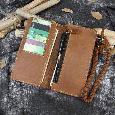 Cartera Larga de Cuero Crazy Horse Vintage con Cinturón Tejido y Cierre de Hebilla para Hombre - Image 4