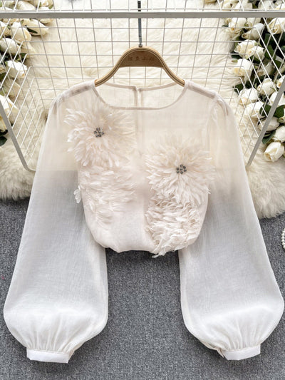 Blusa Slim Fit con Flores 3D y Mangas Abullonadas para Mujer - Image 4
