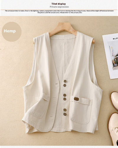 Chaleco Retro Coreano Mujer en Algodón y Lino - Image 13