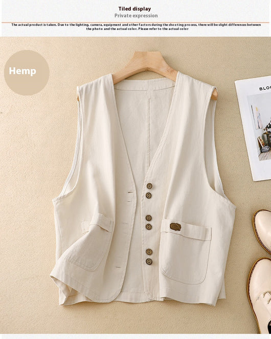 Chaleco Retro Coreano Mujer en Algodón y Lino - Image 13