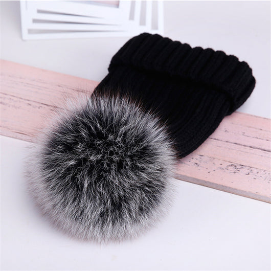 Gorro de Lana con Pompón de Piel Real de Mapache y Zorro - Image 8