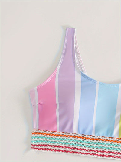 Women's pastel rainbow striped bikini with a sports top and high-waisted bottom, featuring decorative trim. - Image 9