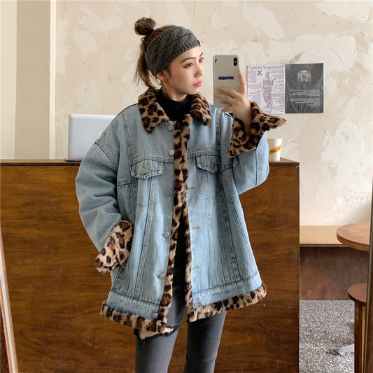 Abrigo de Piel de Conejo con Estampado Leopardo - Chaqueta Acolchada Trendy