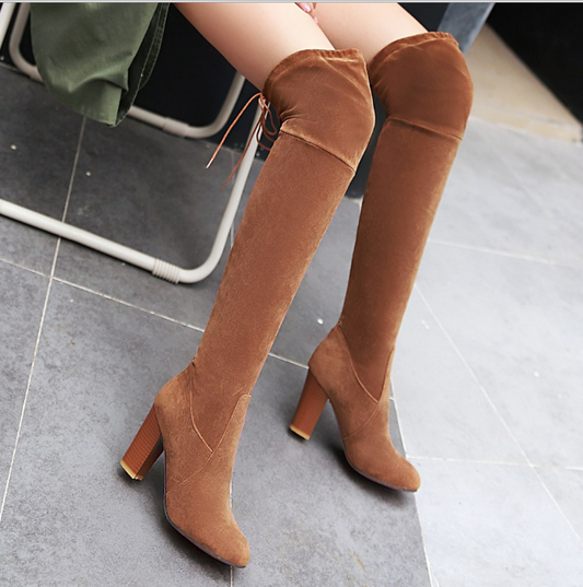 Botas Altas de Tacón Grueso para Mujer con Caña Elástica
