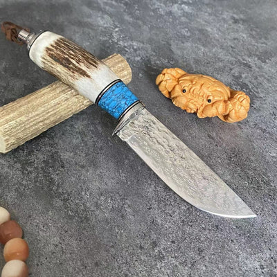 Cuchillo de Asta de Venado con Acero Damasceno y Mango Turquesa - Image 15