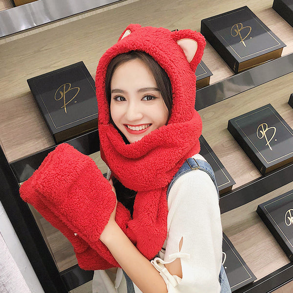 Gorro y Bufanda Cálidos con Orejas de Gato - Conjunto Coreano para Invierno