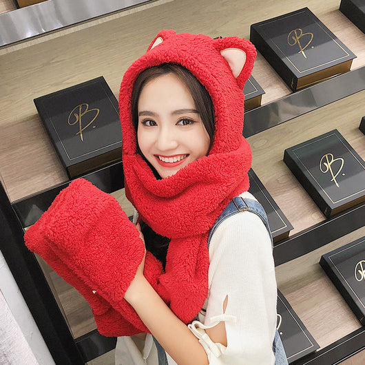 Gorro y Bufanda Cálidos con Orejas de Gato - Conjunto Coreano para Invierno