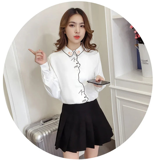 Blusa Blanca Holgada con Bordado de Gato - Diseño Adorable y Cómodo - Image 13