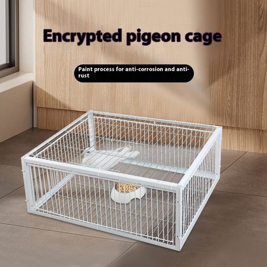 White wire pigeon cage with two side entrances and a skylight, measuring 60x40x26 cm with 2cm wire spacing.