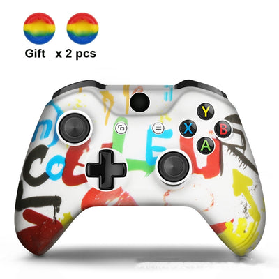 White silicone sleeve for game controller with colorful graffiti pattern, includes two rainbow thumbstick caps. - Image 19