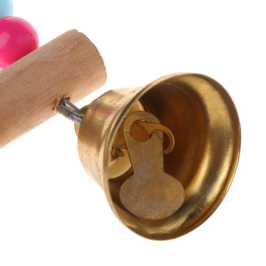 Colorful wooden bird swing with an arched top made of rainbow beads, a natural wood perch, and two small bells. - Image 10