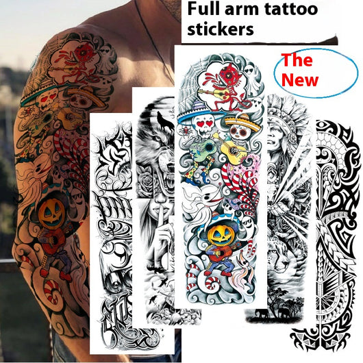 Full arm temporary tattoo sticker with a black, red, and light blue tribal design, featuring abstract shapes and patterns.