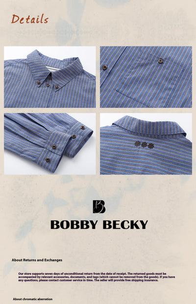 Camisa Clásica Retro Americana con Cuello Solapa y Rayas Bordadas para Mujer - Image 4