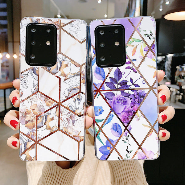 Funda Celular Floral Retro con Acabado Electroplateado Geométrico