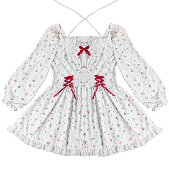 Vestido Largo de Cintura Alta con Mangas Largas y Estampado Floral Suave