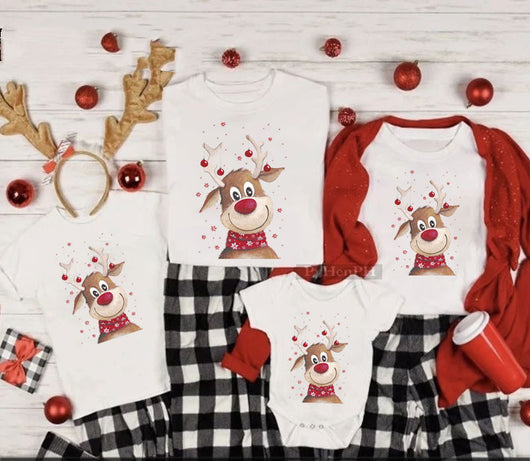 Family matching white Christmas t-shirts and baby bodysuit with 'Merry Christmas' graphic, paired with black and white plaid pajama bottoms. - Image 8