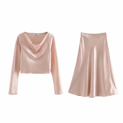 Conjunto Casual: Blusa Manga Larga + Falda de Satén - Image 14