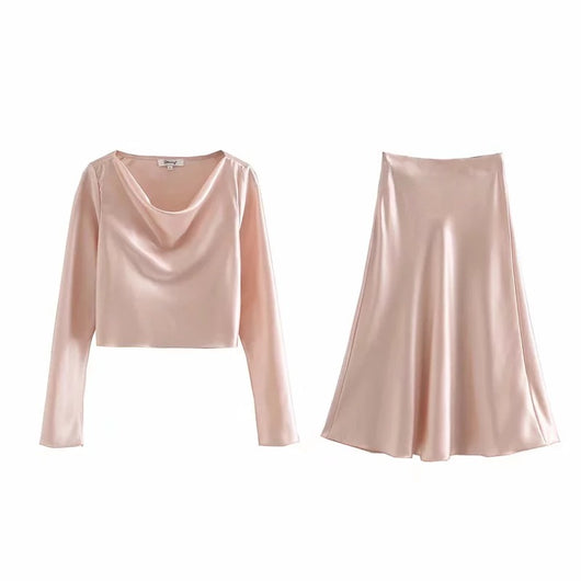 Conjunto Casual: Blusa Manga Larga + Falda de Satén - Image 14
