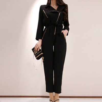 Jumpsuit Retro de Cintura Alta con Cuello Temperamento - Diseño Holgado y Casual