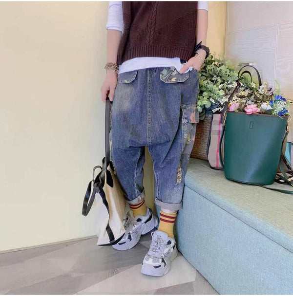 Pantalón Holgado de Talle Alto con Bolsillos Múltiples para Tallas Grandes