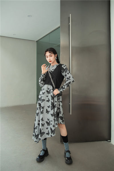 Vestido Otoñal Retro con Estampado de Mariposas y Diseño Superpuesto - Image 9