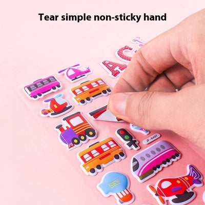 A hand holds a large stack of colorful 3D bubble stickers, with sheets featuring cars, vegetables, numbers, and animals. - Image 2