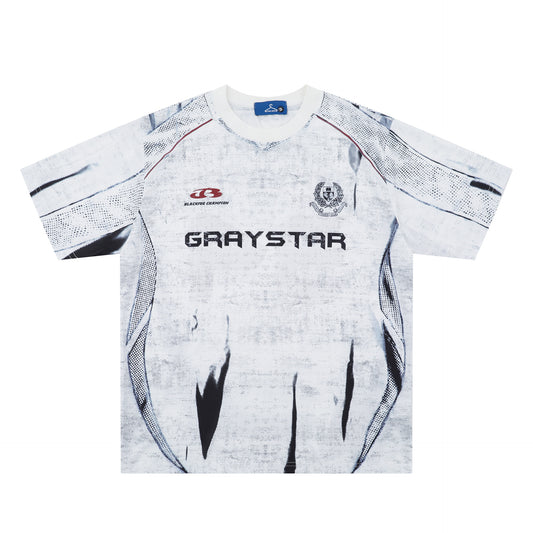 White short sleeve t-shirt with black and white abstract print, round neck, and 'GRAYSTAR' text on the front. - Image 2