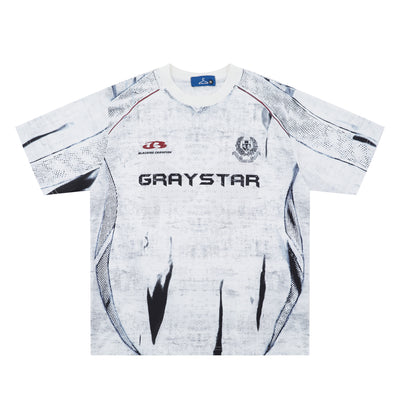 White short sleeve t-shirt with black and white abstract print, round neck, and 'GRAYSTAR' text on the front. - Image 2