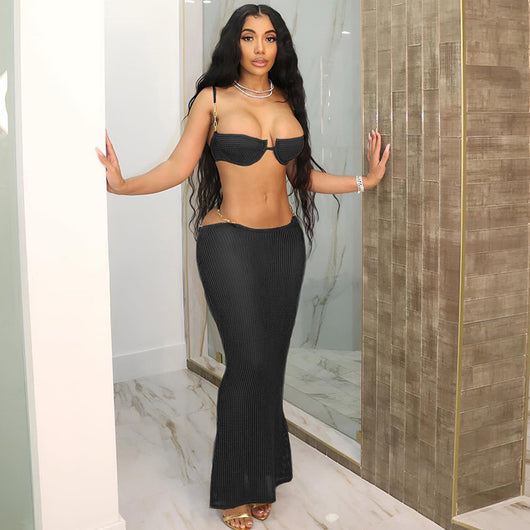 White see-through bikini skirt suit with a mesh bralette top and sheer knit maxi skirt with gold chain details. - Image 25