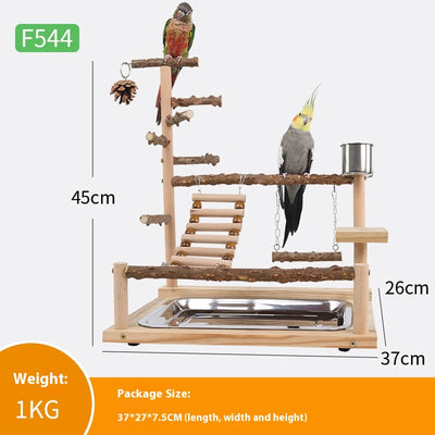 Multi-level natural wood parrot play stand with perches, ladder, swings, and two stainless steel feeding cups. - Image 6