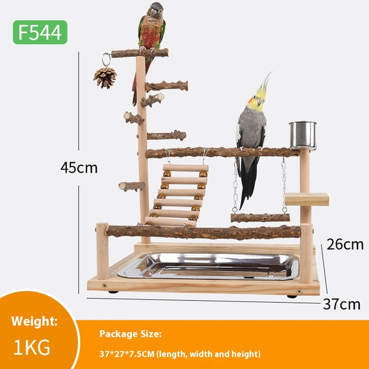 Multi-level natural wood parrot play stand with perches, ladder, swings, and two stainless steel feeding cups. - Image 6