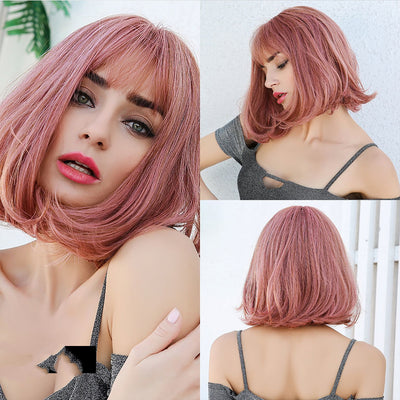 Peluca Corta Rizada con Flequillo - Cabello Ondulado Clavícula - Image 5